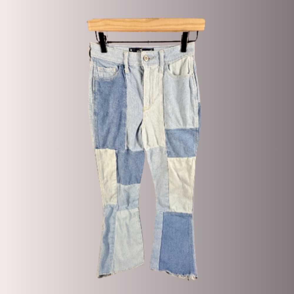 Hollister Jeans Women 1R Blue Patchwork Denim Ultra High Rise Mom 25x26